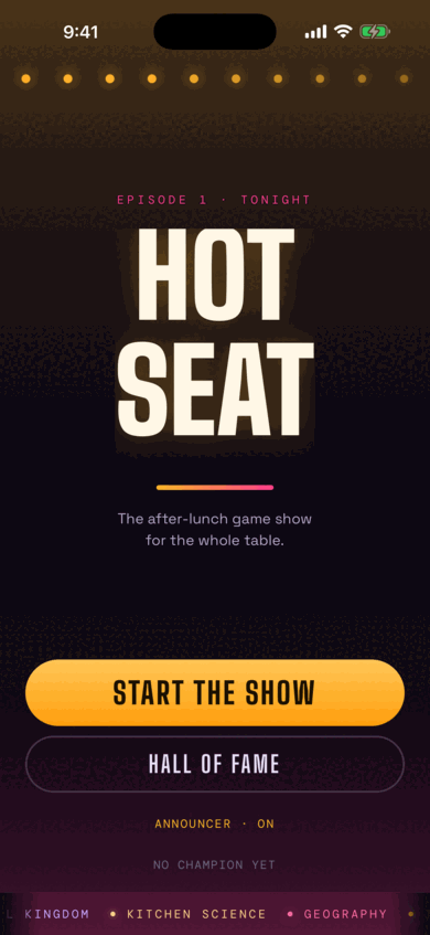 Title screen: marquee bulbs, the HOT SEAT wordmark in glowing display type, and a START THE SHOW button.