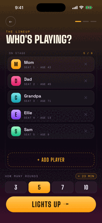Who's Playing screen: five players with seats and ages, an Add Player button, and a choice of 3, 5, 7 or 10 rounds.