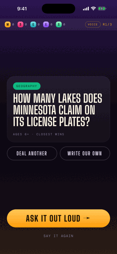 Question card in the Geography category: How many lakes does Minnesota claim on its license plates? With Deal Another and Write Our Own buttons.