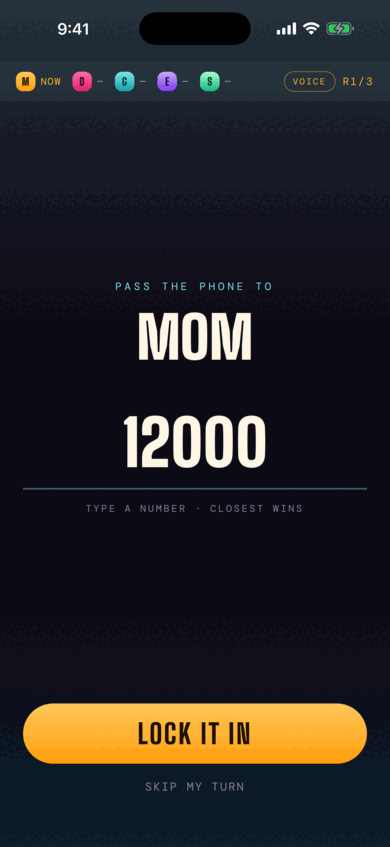 Pass the phone to Mom: a guess of 12000 typed in, with a Lock It In button.