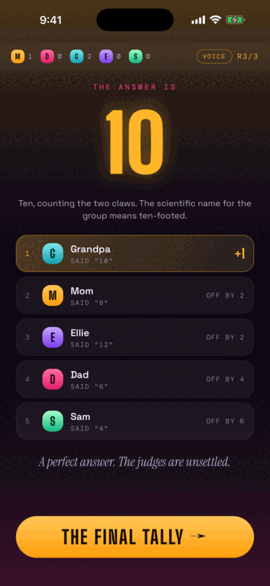 The answer is 10, with a one-line fact. Grandpa said 10 and takes the point; the others are OFF BY 2, 2, 4 and 6.